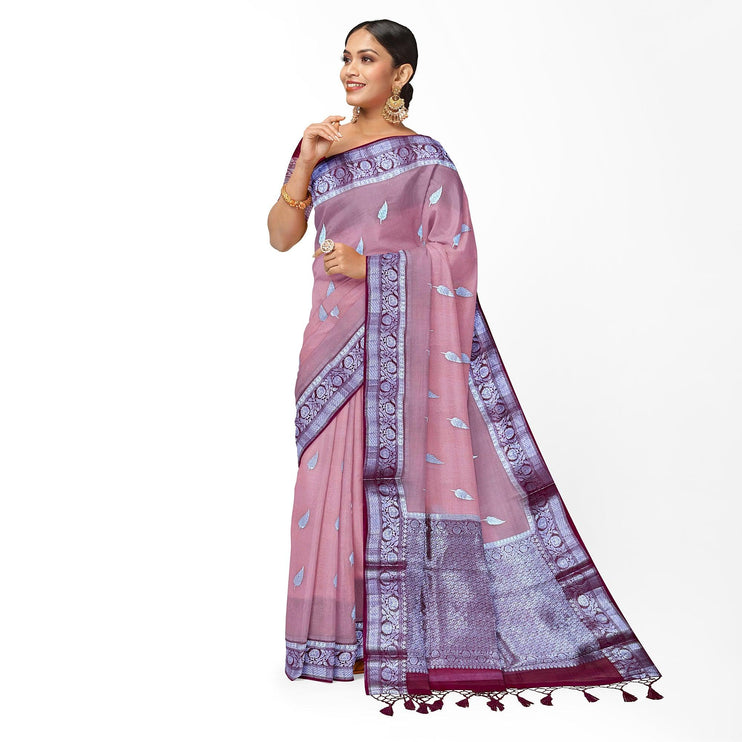 Handloom Banarasi Organza Silk Saree: Peach, Magenta Zari Border