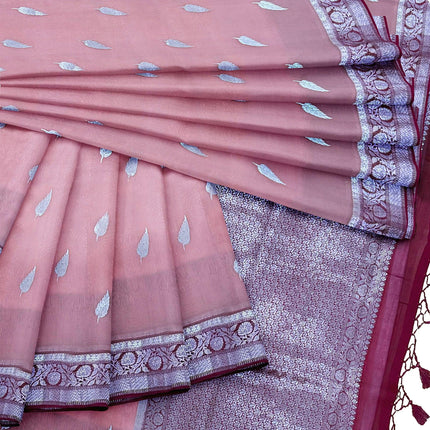 Handloom Banarasi Organza Silk Saree: Peach, Magenta Zari Border