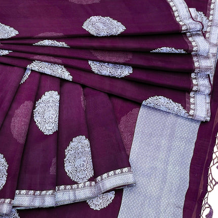 Banarasi Kora Organza Silk Saree, Deep Wine Resham Border, Handloom