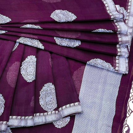 Banarasi Kora Organza Silk Saree, Deep Wine Resham Border, Handloom