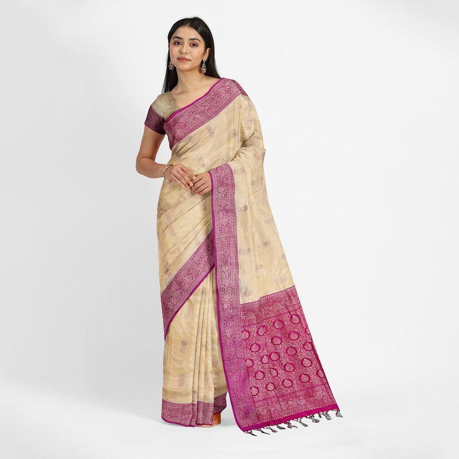 Beige Dark pink Katan Banarasi Handloom Pure Silk