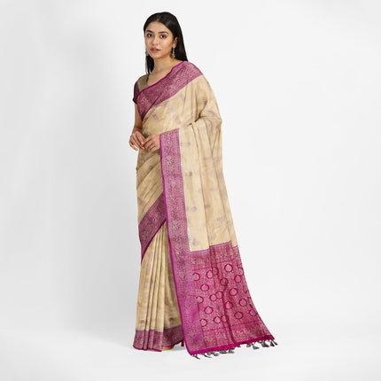 Beige Dark pink Katan Banarasi Handloom Pure Silk