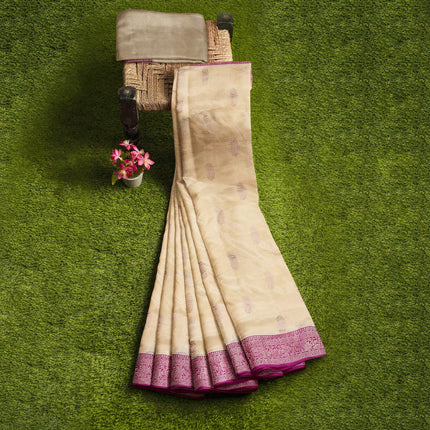 Beige Dark pink Katan Banarasi Handloom Pure Silk