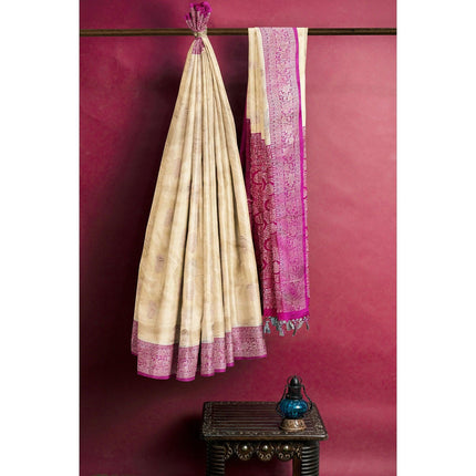 Beige Dark pink Katan Banarasi Handloom Pure Silk