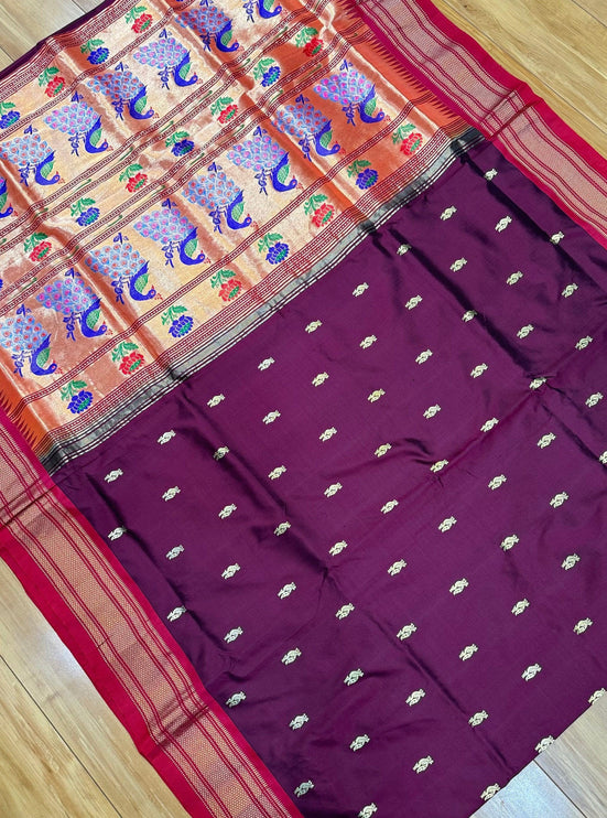 Handwoven Maharani Paithani Saree | Maroon Silk with Zari