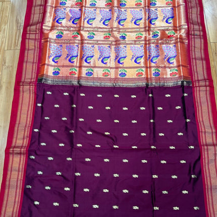 Handwoven Maharani Paithani Saree | Maroon Silk with Zari