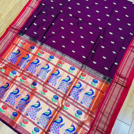 Handwoven Maharani Paithani Saree | Maroon Silk with Zari