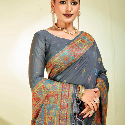Handloom Kashmiri Kani Silk Saree | Tussar Blend, Shahi Palla