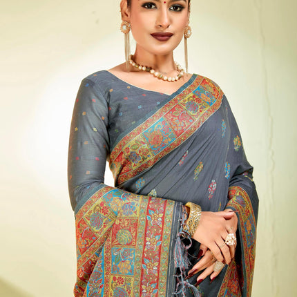 Handloom Kashmiri Kani Silk Saree | Tussar Blend, Shahi Palla