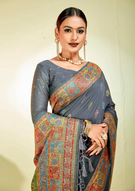 Handloom Kashmiri Kani Silk Saree | Tussar Blend, Shahi Palla