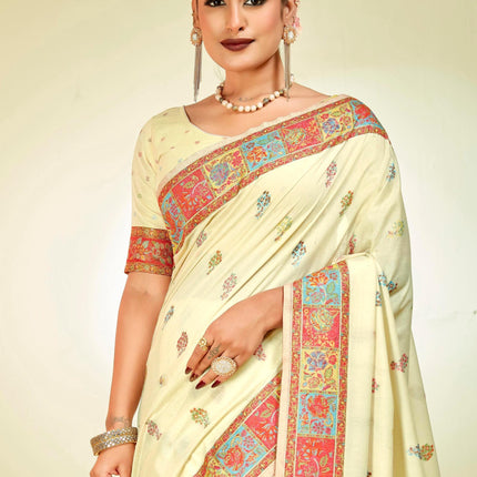 Handloom Kashmiri Kani Silk Saree | Tussar Blend, Shahi Palla