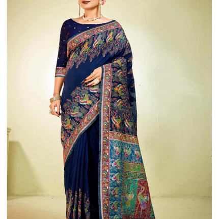 Kashmiri Kani Silk Saree | Luxury Cotton Silk | Volume - Shahi Palla | Fine Embroidered | Party Wear
