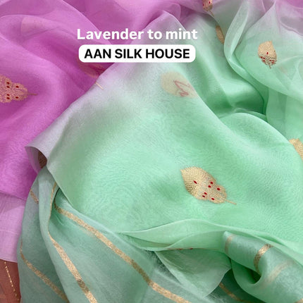 Handloom Banarasi Kora Organza Saree - Mint Green, Lavender Zari
