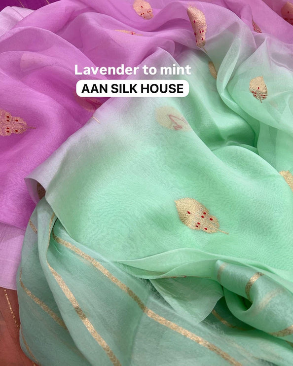Handloom Banarasi Kora Organza Saree - Mint Green, Lavender Zari