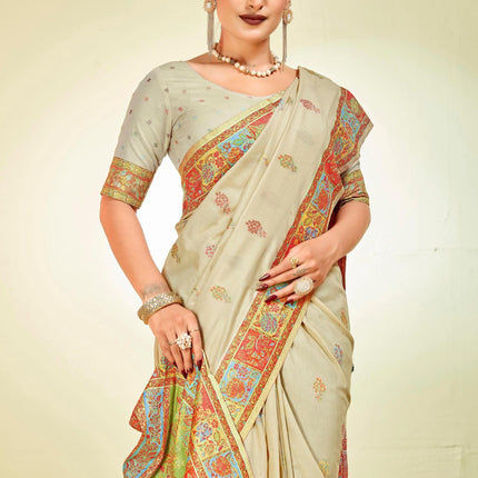 Handloom Kashmiri Kani Silk Saree | Tussar Blend, Shahi Palla
