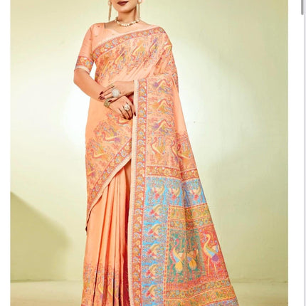 Kashmiri Kani Silk Saree | Luxury Cotton Silk | Volume - Shahi Palla | Fine Embroidered | Party Wear