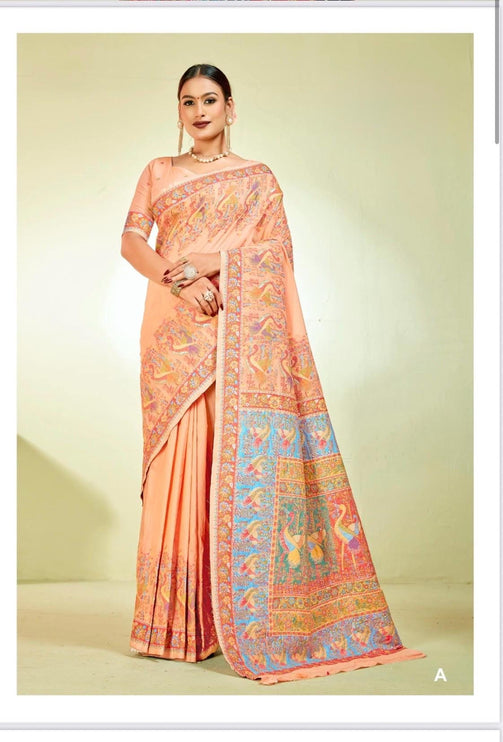 Kashmiri Kani Silk Saree | Luxury Cotton Silk | Volume - Shahi Palla | Fine Embroidered | Party Wear