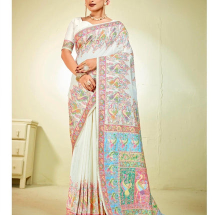 Kashmiri Kani Silk Saree | Luxury Cotton Silk | Volume - Shahi Palla | Fine Embroidered | Party Wear