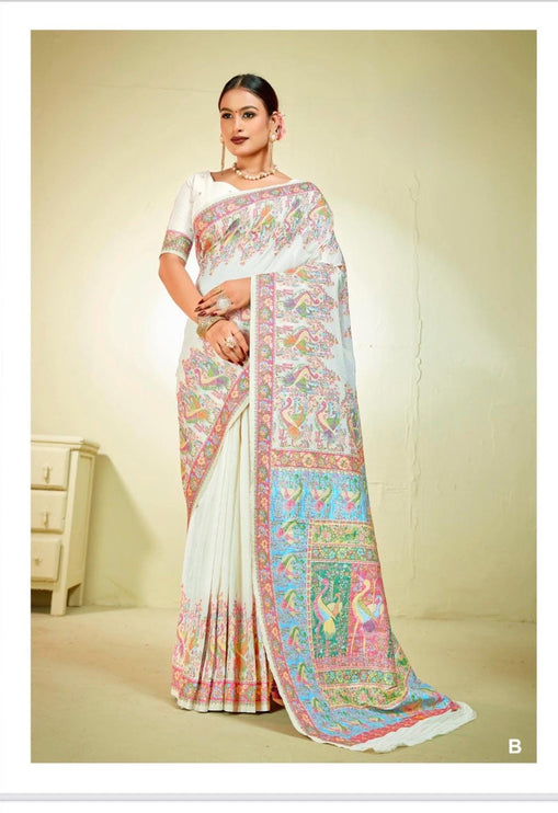 Kashmiri Kani Silk Saree | Luxury Cotton Silk | Volume - Shahi Palla | Fine Embroidered | Party Wear