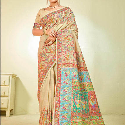 Kashmiri Kani Silk Saree | Luxury Cotton Silk | Volume - Shahi Palla | Fine Embroidered | Party Wear