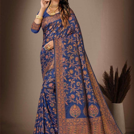 Blue Banarasi Silk Saree with Woven Floral Motifs