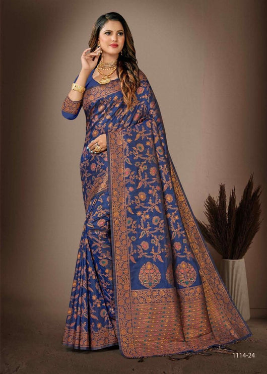Blue Banarasi Silk Saree with Woven Floral Motifs