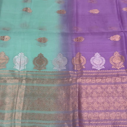 Handloom Banarasi Kora Organza Saree - Mint Green, Lavender Zari
