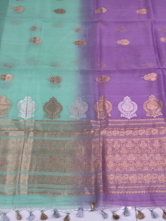 Handloom Banarasi Kora Organza Saree - Mint Green, Lavender Zari