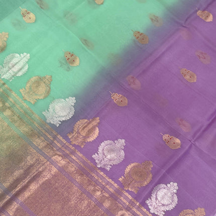 Handloom Banarasi Kora Organza Saree - Mint Green, Lavender Zari