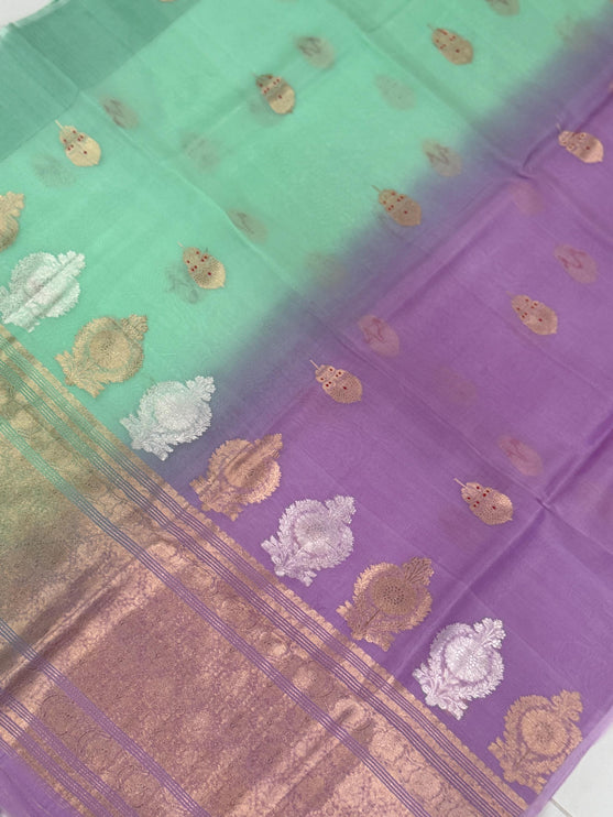 Handloom Banarasi Kora Organza Saree - Mint Green, Lavender Zari
