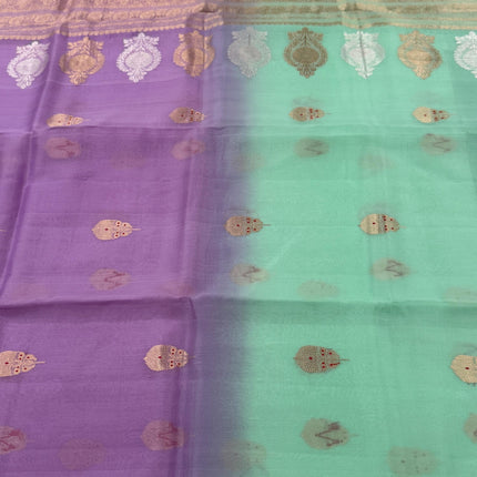 Handloom Banarasi Kora Organza Saree - Mint Green, Lavender Zari