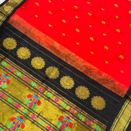Authentic Paithani from Yeola | 100% handwoven Pure Silk saree |Red with Black border|Kadiyal Maharani|Silk Mark Certified
