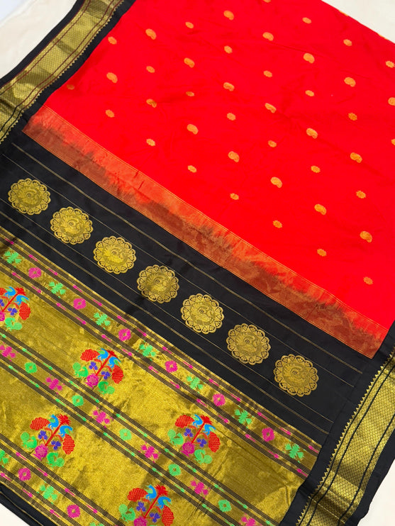 Authentic Paithani from Yeola | 100% handwoven Pure Silk saree |Red with Black border|Kadiyal Maharani|Silk Mark Certified