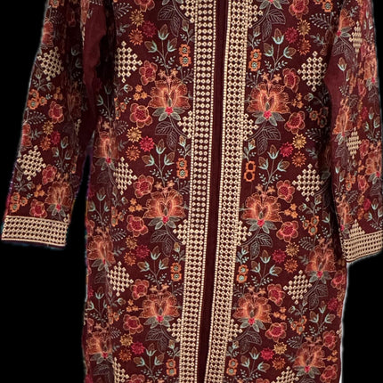 Aan Silk House Original winter collection | 3 pcs Kashmiri woolen set| Datk Maroon with all over hand sozni | size 40