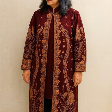 Aan Silk House Original winter collection | 3 pcs Kashmiri woolen set| Red with all over hand sozni | size 40