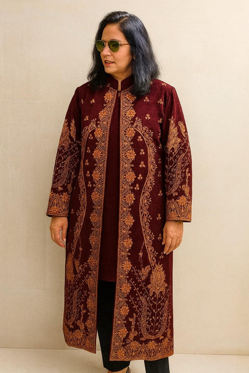 Aan Silk House Original winter collection | 3 pcs Kashmiri woolen set| Red with all over hand sozni | size 40