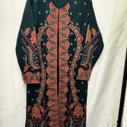 Hand Embroidered Kashmiri Woolen Jacket Set | Bottle Green, Size 40-42