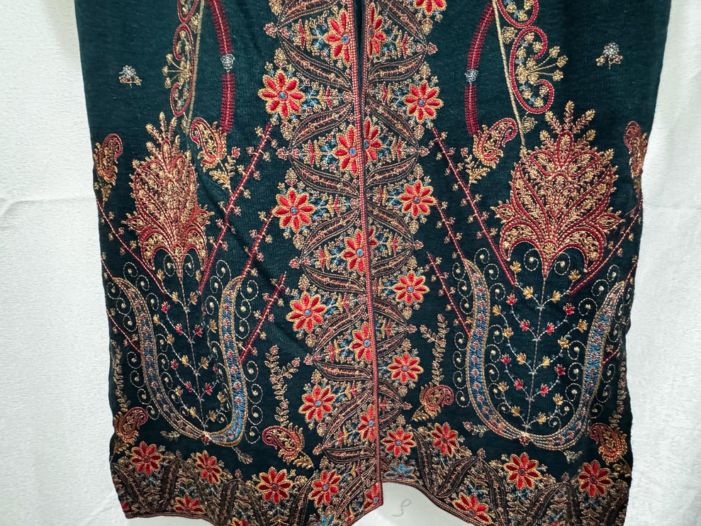 Hand Embroidered Kashmiri Woolen Jacket Set | Bottle Green, Size 40-42