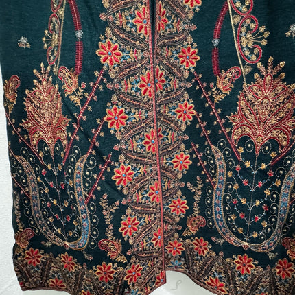 Hand Embroidered Kashmiri Woolen Jacket Set | Bottle Green, Size 40-42