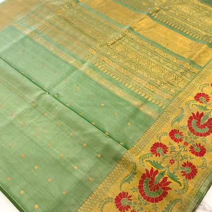 Handloom Gadwal Silk Saree | Cardamom/Light Mint with Meenakari work Border, Silk Mark Certified