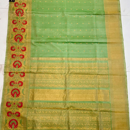 Handloom Gadwal Silk Saree | Cardamom/Light Mint with Meenakari work Border, Silk Mark Certified