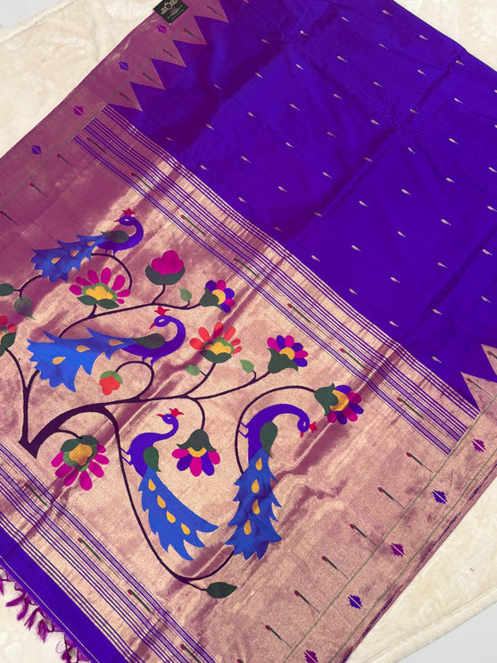 SILK MARK CERTIFIED I Handwoven Purple Baro Panja Paithani Saree | Muniya Zari Motifs