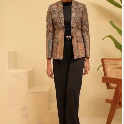 All weather aan silk house Jamawar Kani Blazer | black base color | hand made Kani designed all over| silk blend | size 46