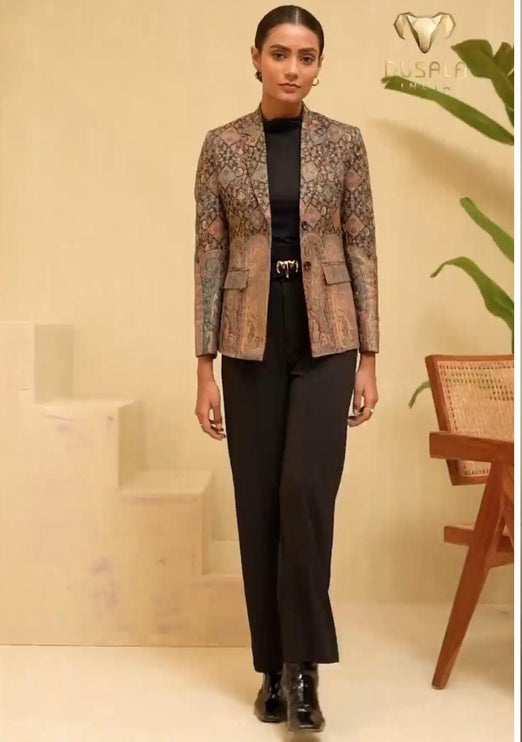 All weather aan silk house Jamawar Kani Blazer | black base color | hand made Kani designed all over| silk blend | size 46