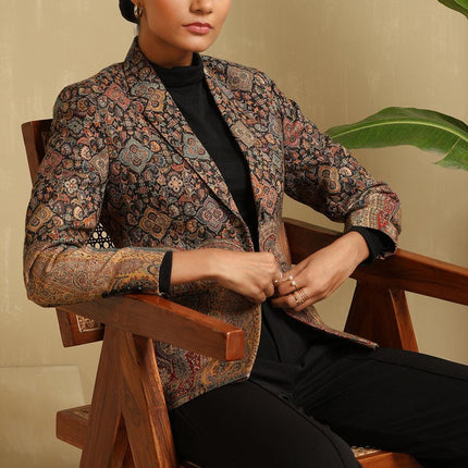 All weather aan silk house Jamawar Kani Blazer | black base color | hand made Kani designed all over| silk blend | size 46