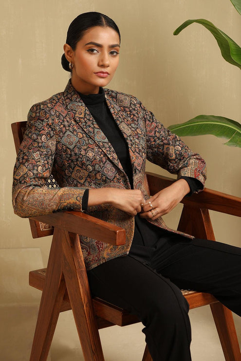 All weather aan silk house Jamawar Kani Blazer | black base color | hand made Kani designed all over| silk blend | size 46