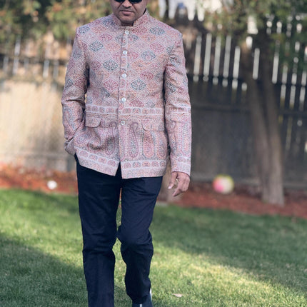Mens Kani Pashmina Jamawar Jodhpuri style Jacket, Woven Paisley, Mandarin Collar size 42
