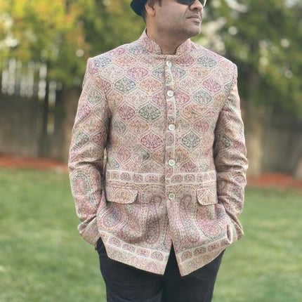 Mens Kani Pashmina Jamawar Jodhpuri style Jacket, Woven Paisley, Mandarin Collar size 42