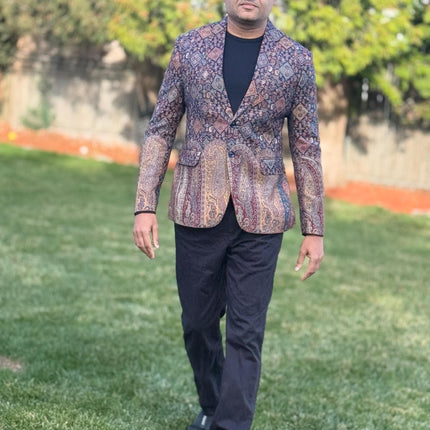 Mens Kani Pashmina Jamawar Blazer, Woven Paisley, Mandarin Collar . Multiple sizes