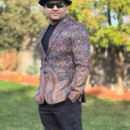 Mens Kani Pashmina Jamawar Blazer, Woven Paisley, Mandarin Collar . Multiple sizes